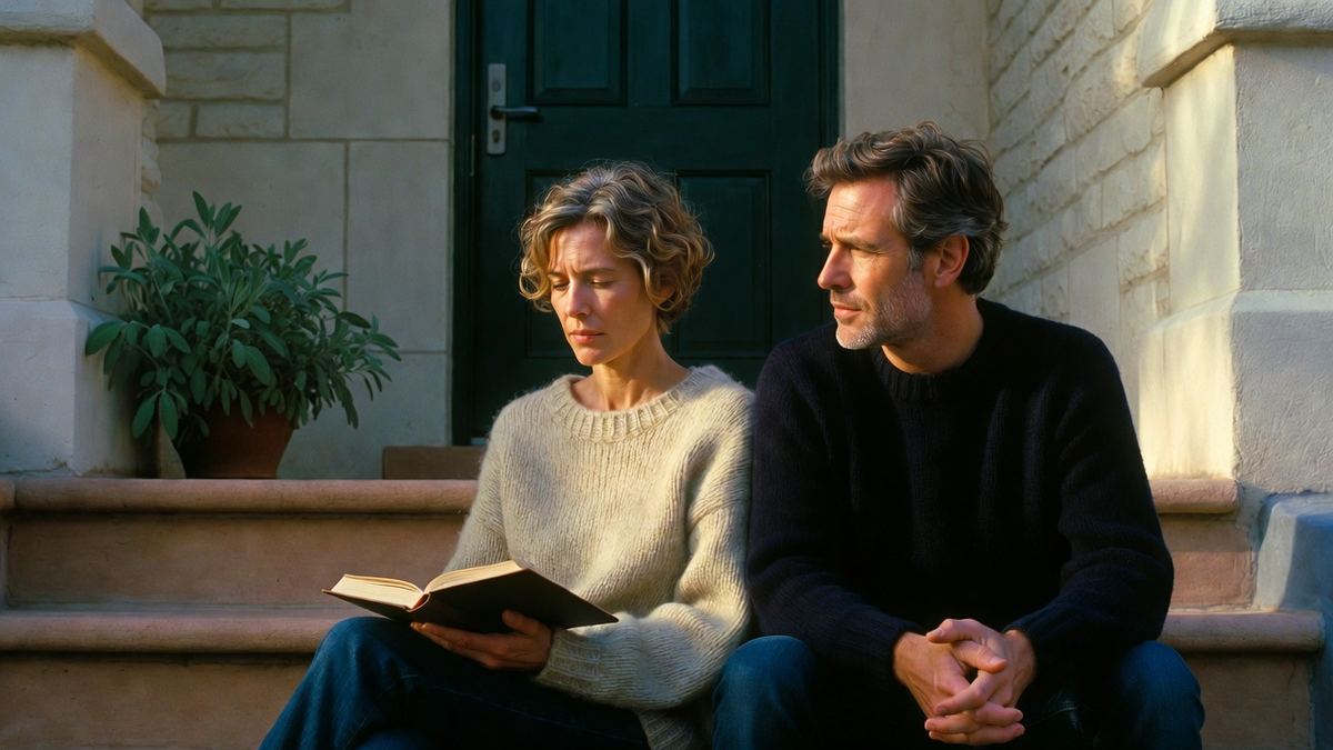A couple sitting together on their front steps
