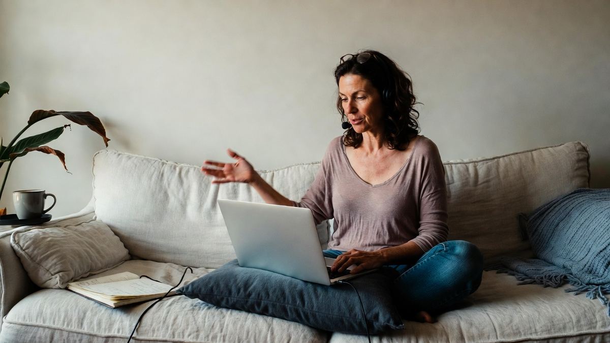 A woman on a telehealth visit from her sofa