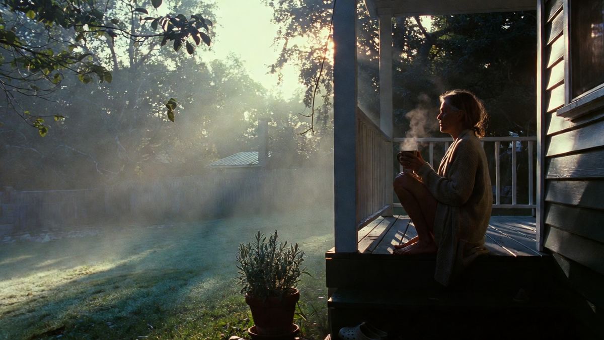 A woman on her back porch steps at sunrise, holding a mug of tea