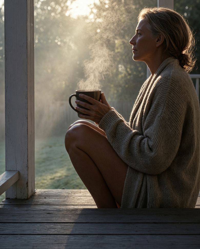 A woman on her back porch steps at sunrise, holding a mug of tea