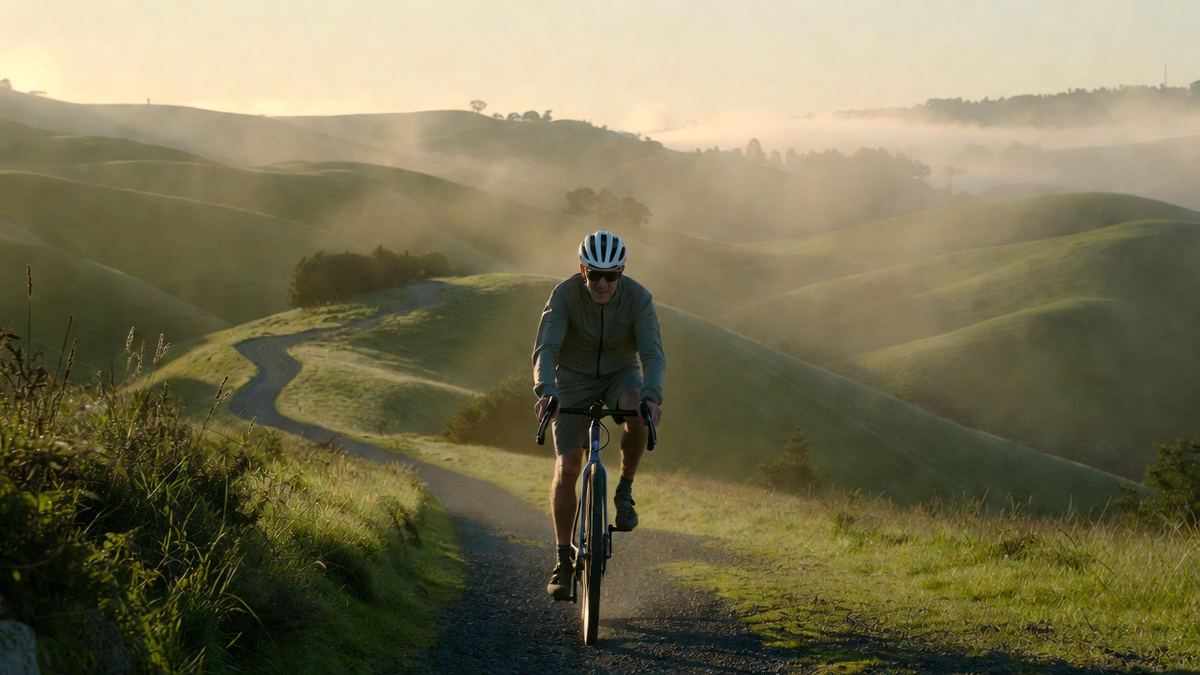 A man cycling a hill road through morning mist
