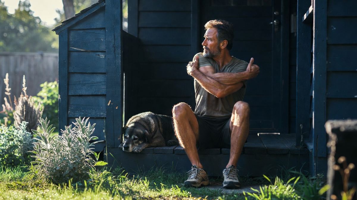A man stretching his shoulder on a porch step, his dog resting beside him