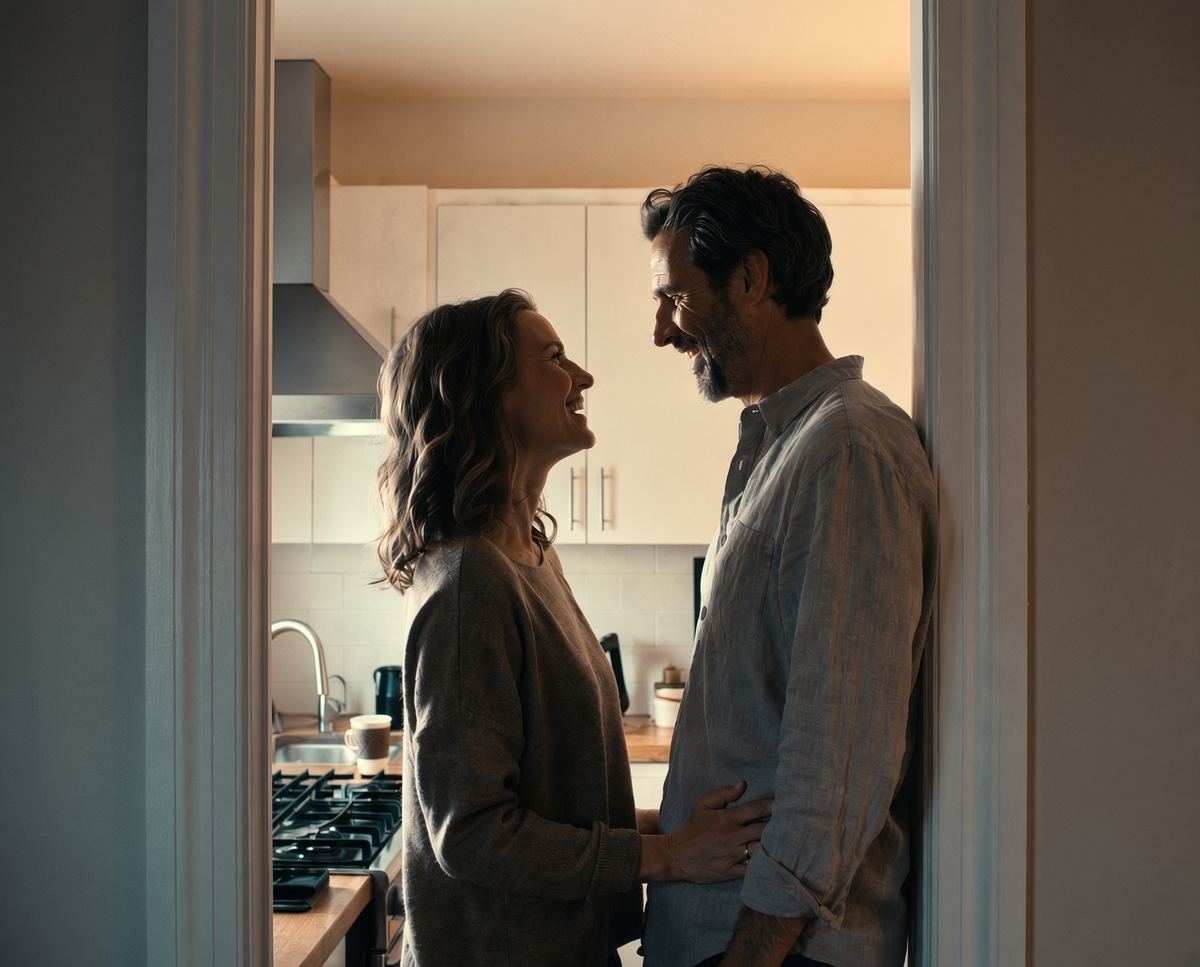 A couple in their forties laughing together in their kitchen